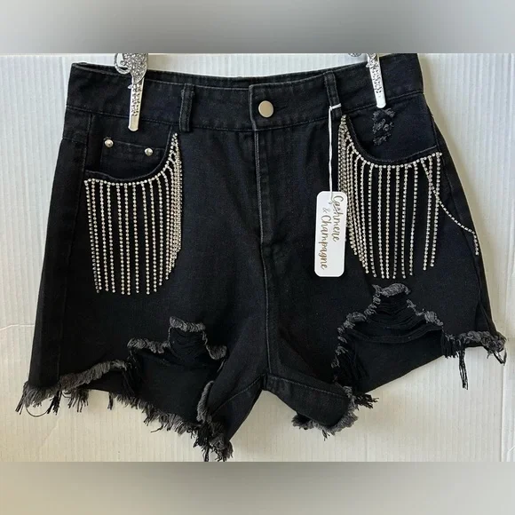 NWT CASHMERE & CHAMPAGNE DIAMOND TASSELS RIPPED DENIM SHORTS Sz. S - Picture 4 of 14
